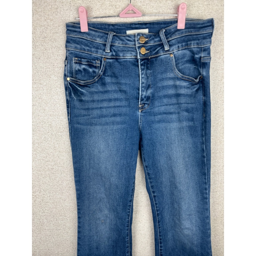 Risen Jeans Medium Wash High Rise Flare Raw Hem Denim Size 11 Waist 30 - Picture 2 of 7